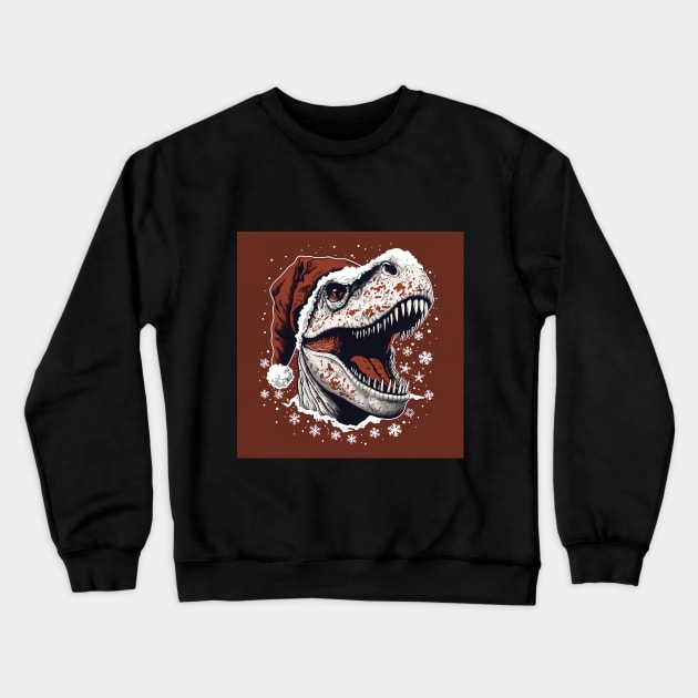 t-rex with christmas hat on red background Crewneck Sweatshirt by Maverick Media